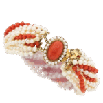 Vintage 14K Multi-Strand Coral & Cultured Pearl Torsade Bracelet  9in 60g