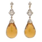 Pair of 18K yellow gold with silver overlay Smoky Quartz and Diamond Dangle Earrings 2in 19g