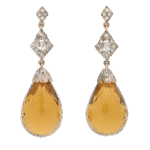 Pair of 18K yellow gold with silver overlay Smoky Quartz and Diamond Dangle Earrings 2in 19g