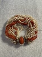Vintage 14K Multi-Strand Coral & Cultured Pearl Torsade Bracelet  9in 60g - Image 3